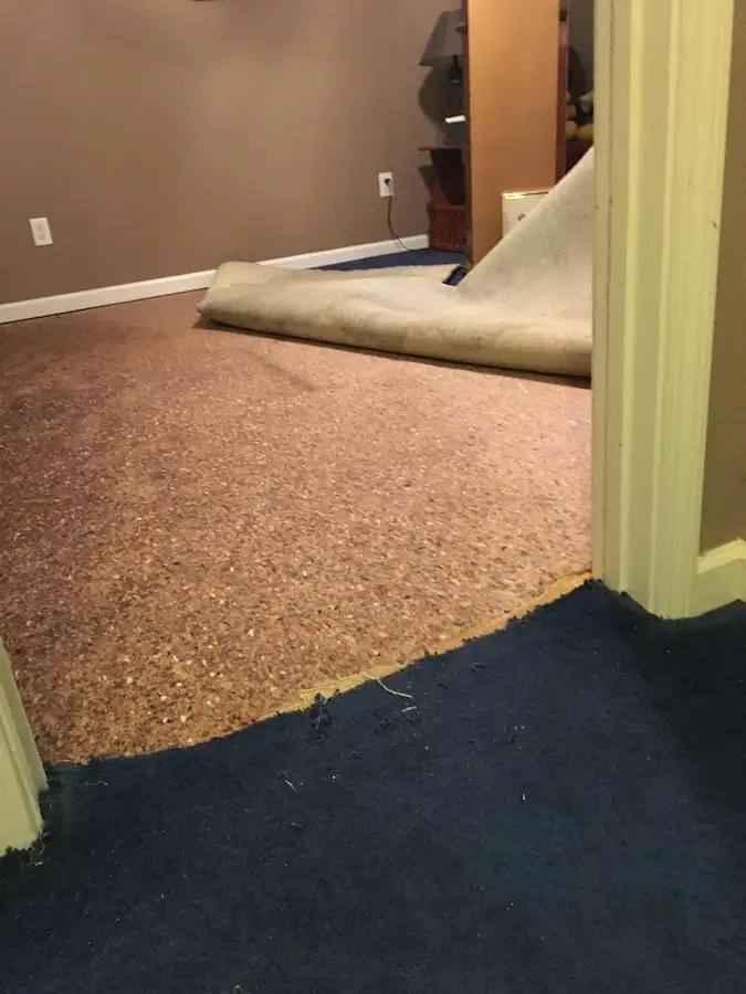 Carpet pad removal revealing water damage during Water Mitigation Services in Four Corners